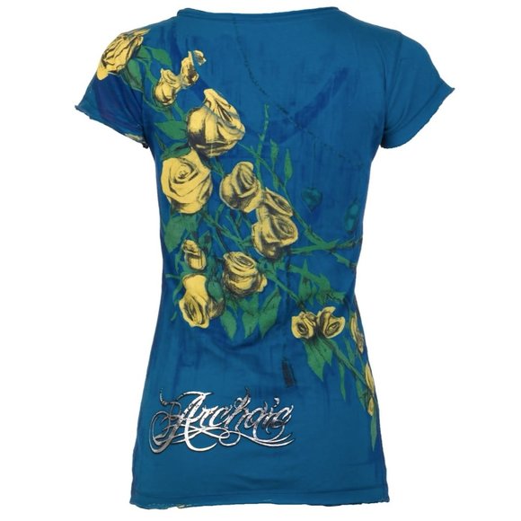 Archaic Affliction Women's T-Shirt Short Sleeve MY GIRL Tattoo Herat Biker Blue - Picture 5 of 7
